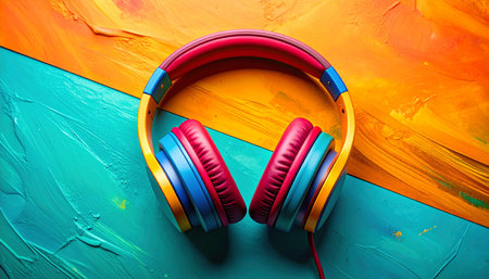 Headphones on colorful wooden background. Top view with copy space.の素材