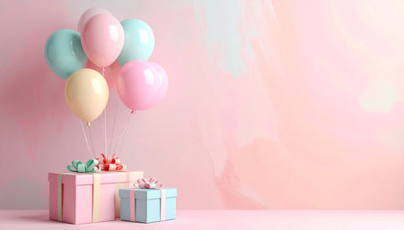 Gift boxes and balloons on pastel background. 3d renderingの素材