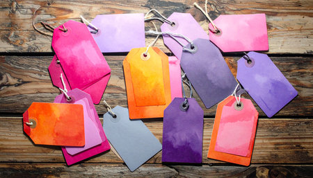 Colorful paper tags on old wooden background. Toned image.の素材