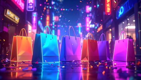 Shopping bags in the city at night. 3d rendering.の素材