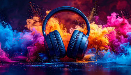 Headphones with colorful smoke on a dark background. Music concept.の素材