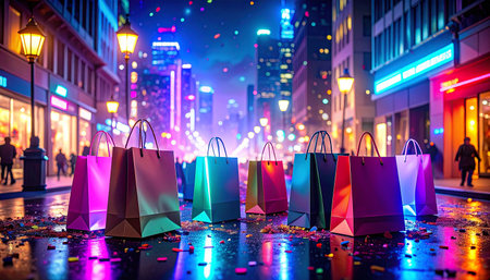 Shopping bags in the city at night. Shopping and retail concept.の素材