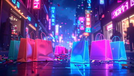 Shopping bags in the city at night. 3D rendering.の素材