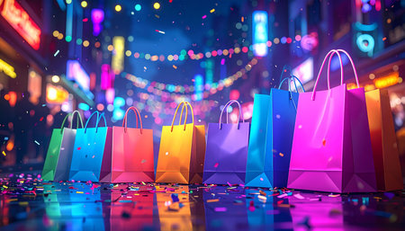 Shopping bags in the city at night. 3d rendering.の素材