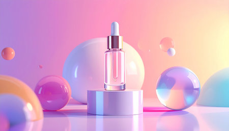 Cosmetic serum dropper bottle on podium, 3d rendering.の素材