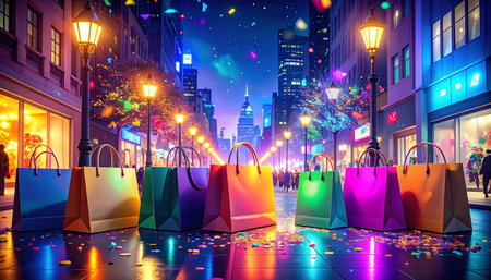 Shopping bags in the city at night, New York City.の素材