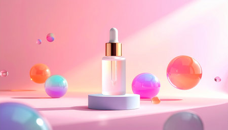 3d render of cosmetic bottle in pastel colors. Beauty product concept.の素材