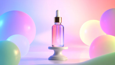 Cosmetic bottle with pipette and colorful balloons. 3D renderingの素材