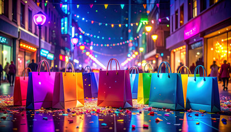 Shopping bags and confetti in the city at Christmas time.の素材