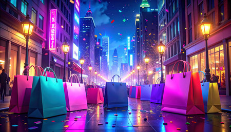 Shopping bags in the city at night. 3d rendering.の素材