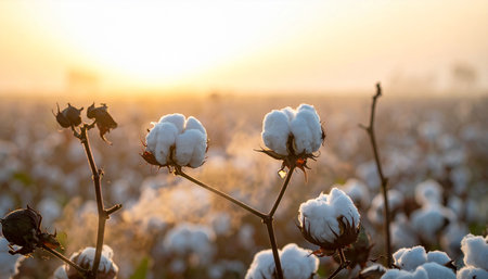 Cotton plant ready for harvesting in a cotton field at sunset.の素材