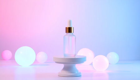 cosmetic bottle with pipette on podium, 3d render illustrationの素材
