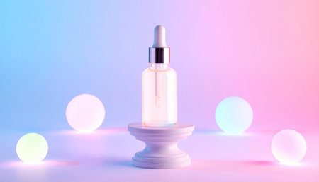 Cosmetic bottle with pipette on podium. 3D rendering.の素材