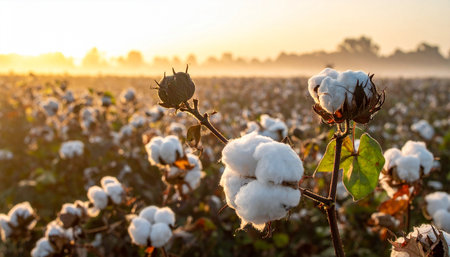 Cotton plant in the field at sunrise. Cotton plantation in the morning.の素材