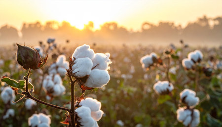 Cotton plant in the field at sunrise. Natural cotton background.の素材