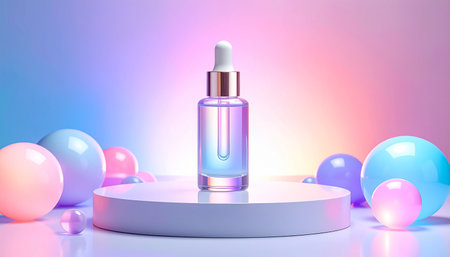 Cosmetic pipette bottle on white podium, 3d rendering.の素材