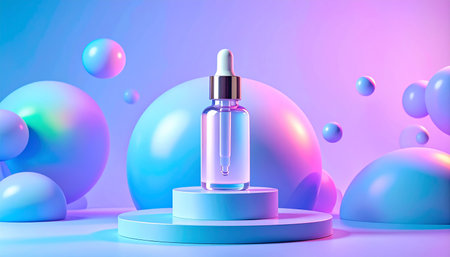 Cosmetic bottle with pipette on podium in neon light. 3d renderingの素材