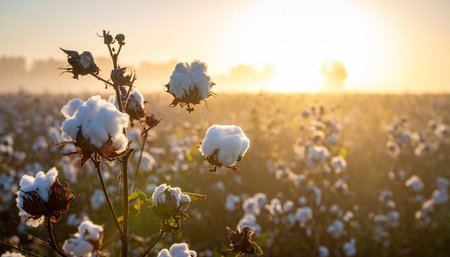 Cotton field at sunrise. Cotton flowers in the field at sunrise.の素材
