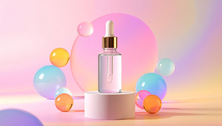 Cosmetic pipette bottle on podium in pastel colors. 3d renderの素材