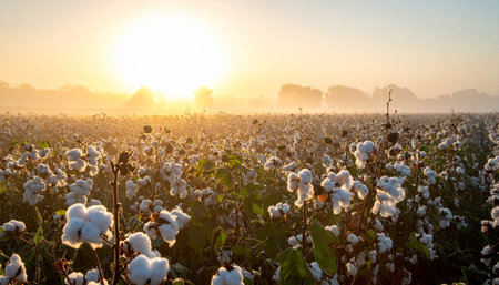 Cotton field in the morning fog at sunrise. Beautiful natural landscape.の素材