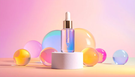 Cosmetic pipette on podium and colorful balls on pastel backgroundの素材