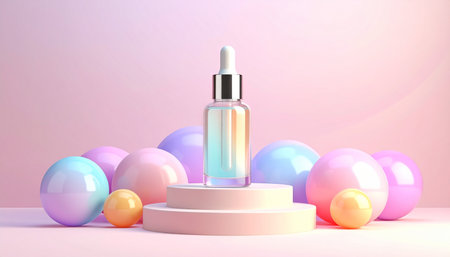 Cosmetic serum in glass dropper bottle on podium. 3D renderingの素材