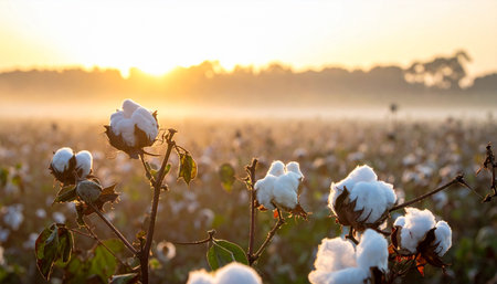 Cotton field at sunrise. Cotton plantation ready for harvesting. Organic cotton plant ready for harvesting.の素材