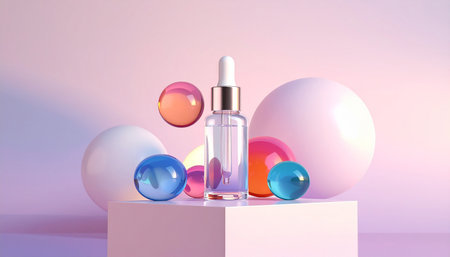 Cosmetic bottle with pipette and multicolored balls on podium. 3D renderingの素材