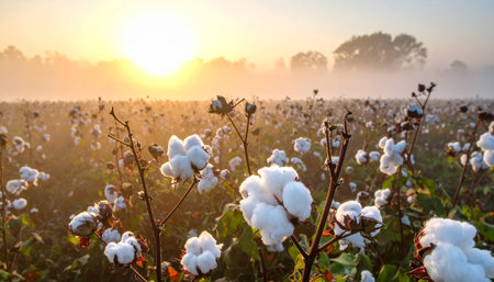 Cotton field at sunrise. Cotton plant ready for harvesting. Cotton plantation in countryside.の素材