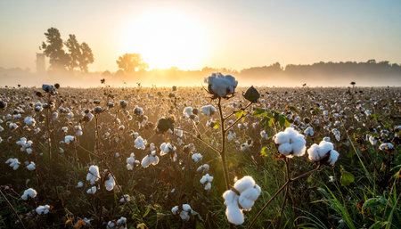 Cotton field at sunrise. Beautiful landscape with cotton plant on the field.の素材