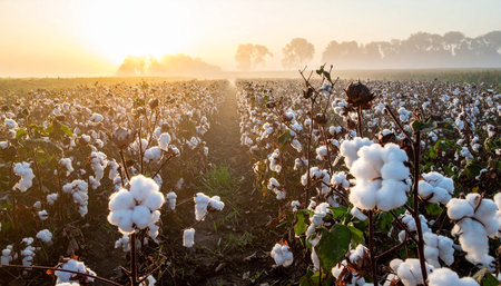 Cotton field in the morning with fog and sunrise in the backgroundの素材