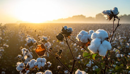 Cotton plant in the field at sunrise. Cotton plantation in the Netherlandsの素材
