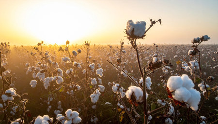 Cotton field at sunset. Cotton plantation ready for harvesting, ready for harvesting.の素材