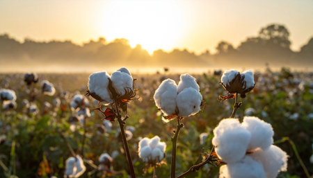 Cotton plant in field at sunrise, Cotton plantation in Thailand.の素材
