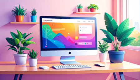 Modern workplace with computer, keyboard, mouse and plant. Vector illustration.の素材