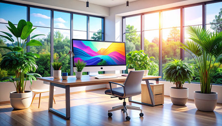 Modern office interior. 3D rendering. Computer monitor on the deskの素材