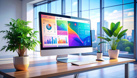 Modern desktop with financial charts and graphs on screen. 3d renderingの素材