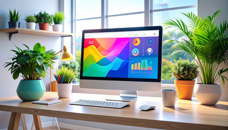 Modern workplace with computer and business charts on screen. All screen graphics are made up.の素材