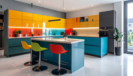 Modern kitchen interior with blue and orange cabinets and yellow chairs. Nobody insideの素材
