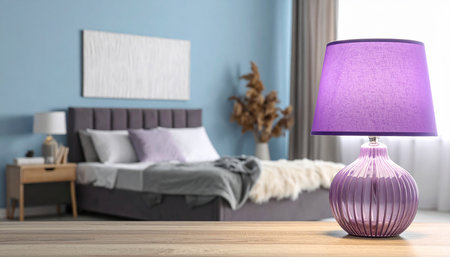 Purple lamp on wooden table in bedroom interior. 3d renderの素材