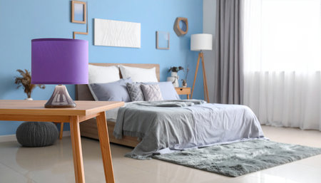 Interior of modern bedroom with comfortable bed, table and lamp. 3d renderの素材