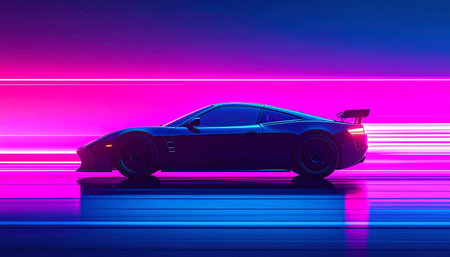 3D rendering of a brand-less generic concept car in neon lightの素材