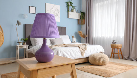 Purple lamp on wooden table in modern bedroom. Space for textの素材