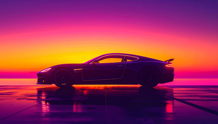 3D rendering of a brand-less generic concept car in the sunsetの素材