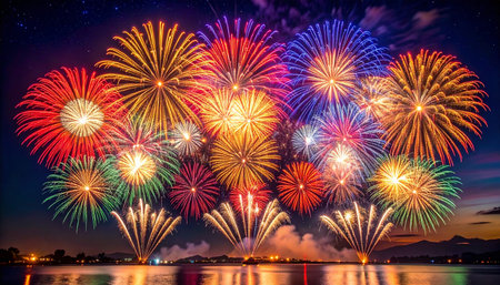 Colorful firework display for celebration happy new year and merry christmasの素材