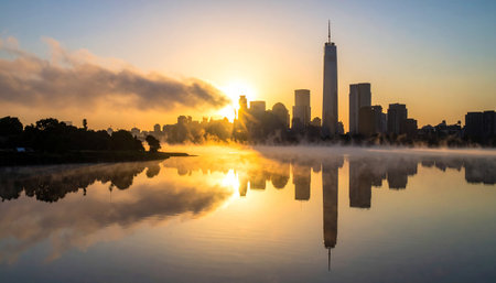 Downtown Chicago skyline reflected in lake at sunrise, Illinois, USAの素材