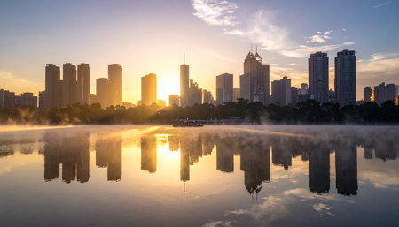 beautiful sunrise in the city with fog and reflection in the lakeの素材
