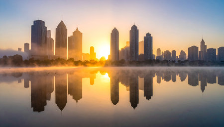 Shanghai skyline at sunrise with fog in Huangpu river,China.の素材