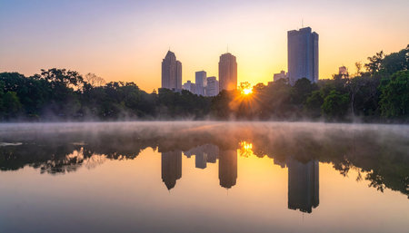 Morning fog in the morning at Lumpini Park, Bangkok, Thailandの素材