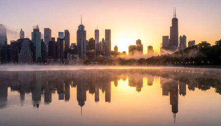 Shanghai skyline at sunrise with fog and reflection in Huangpu riverの素材